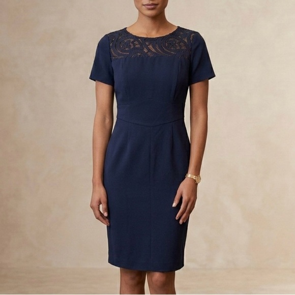 Brooks Brothers Dresses & Skirts - Brooks Brothers Navy Wool Blend Sheath Dress Lace Yoke Professional 4